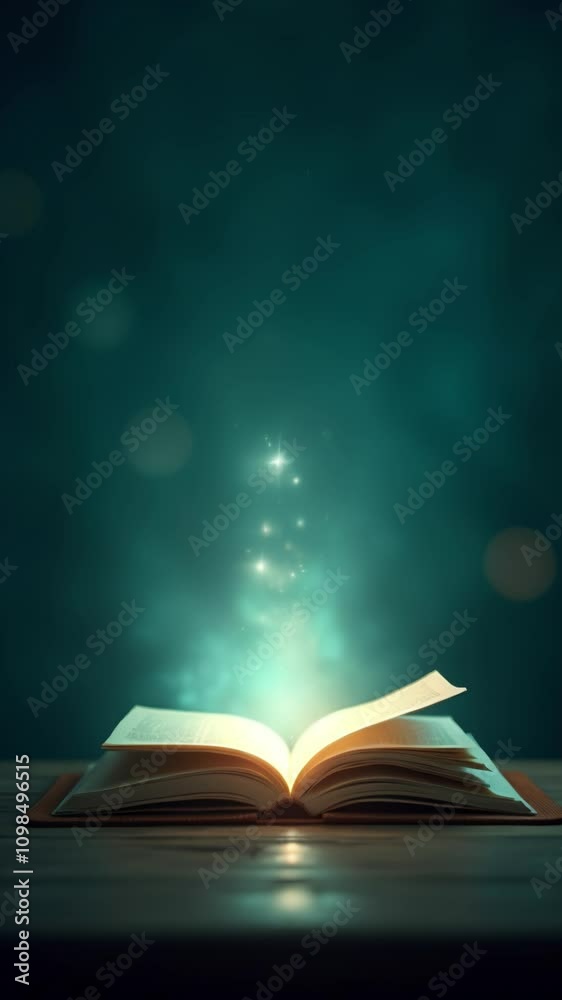 Poster mystery open book with shining light fantasy book with magic light and stars on a table with teal ba