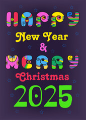 Retro Disco Celebration - Happy New Year 2025 with artistic, vibrant, and colorful retro inscription, reminiscent of the disco era. Enjoy a vintage 60s and 70s vibe with a purple background. 