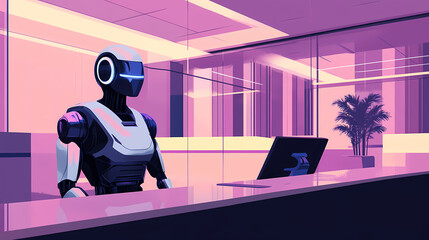 Minimalist portrayal of a legal robotic advisor in a law firm lobby, the surroundings stark to emphasize futurism. Futurism. Illustration
