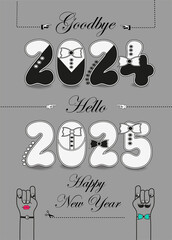 Vintage New Year Card 2025. Artistic numbers dressed in tuxedos, ties, and buttons. Black text and scissors. Cartoon hands depicting a gentleman and a lady. Gray background. Goodbye 2024, Hello 2025