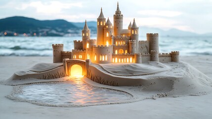 The sand castle sculpture is a magnificent and intricate creation, featuring intricate details such as turrets, bridges