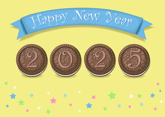 Chocolate Cookie Happy New Year 2025. The number 2025 is as a artistic chocolate cookies with cream. The background is yellow with stars. The banner is blue with white text. 