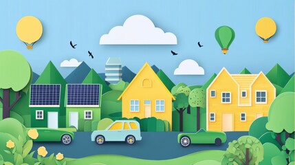 Naklejka premium A detailed depiction of a green eco-friendly community with solar-powered houses and electric cars, symbolizing sustainable living, with a clear blue sky