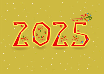 New Year 2025 Folk Art. A festive illustration of a red number 2025 with folk floral decor on a yellow background with snowfall. It is perfect for New Year's greetings, cards, and other designs