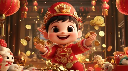 Fototapeta premium Joyful Child in Traditional Attire Surrounded by Gold Coins and Festive Decorations Celebrating Prosperity and Happiness During Lunar New Year Festival