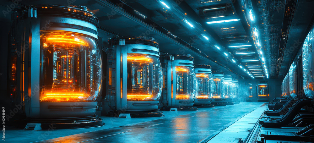 Poster futuristic quantum computer data center with glowing high-tech servers in sci-fi setting