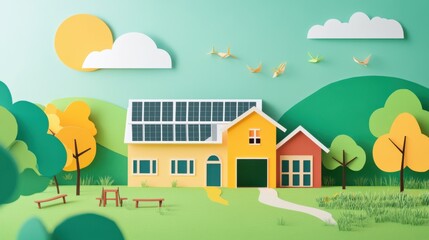 A detailed depiction of a school using solar energy, demonstrating educational sustainability initiatives, Simplified flat paper art illustration of