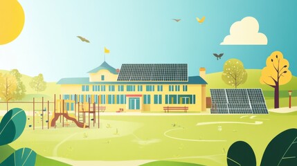 A detailed depiction of a school using solar energy, demonstrating educational sustainability initiatives, Simplified flat paper art illustration of