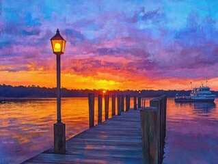 Serene Sunset Over Water Pier Lamplight Scene