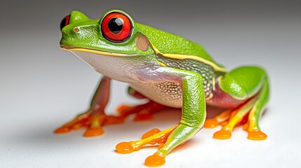 The red eyed tree frog is easily identifiable by its vibrant green body, orange feet, and large red eyes