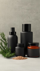 Organic skincare products displayed with natural ingredients, featuring sleek black containers and touch of greenery. Perfect for modern aesthetic