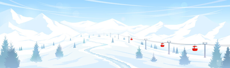 Winter mountain landscape. Snow-covered hills and trees. Ski resort with funicular, ski lift. Concept of winter sports, skiing and snowboarding.
