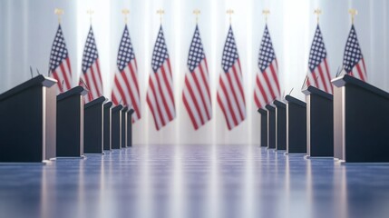 Podium and American flag in the background, Debate during elections. Rows of podiums facing each other