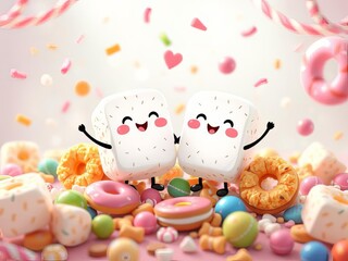 Obraz premium A cartoon illustration of happy marshmallows in a bowl of cereal