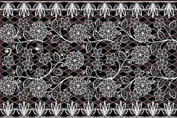 White seamless geometric lace pattern, black mesh background. Vector illustration. Curtain. Fashion clothing.