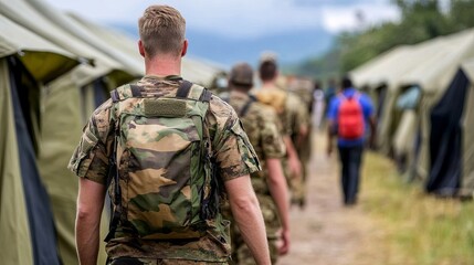 Fototapeta premium A group of military personnel in camouflage uniforms walking toward a campsite, creating a sense of camaraderie and discipline.