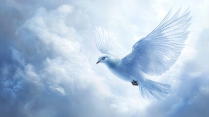 Obraz premium White dove in flight against a cloudy sky, symbolizing peace, hope, and spirituality.