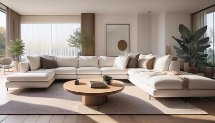 Obraz premium a modern living room featuring cozy white sectional sofa round coffee table and stylish chair neutral tones and natural light create serene atmosphere