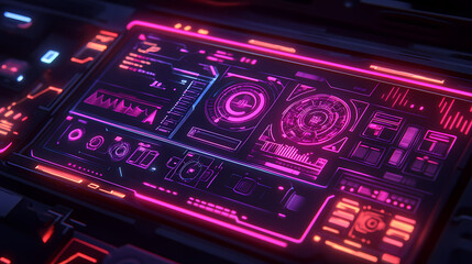 Obraz premium Futuristic digital interface with holographic data, illustrating advanced technology and cybersecurity in a neon-lit, high-tech environment. Futurism. Illustration