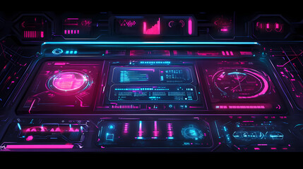 Obraz premium Futuristic digital interface with holographic data, illustrating advanced technology and cybersecurity in a neon-lit, high-tech environment. Futurism. Illustration