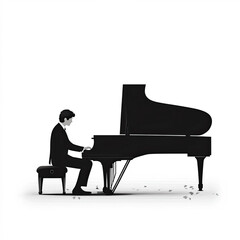 Piano Player Silhouette, Illustration Isolated On White Background