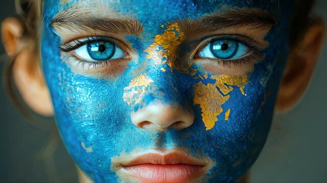 A child face painted with a vivid blue world map, highlighting continents in gold, with piercing blue eyes