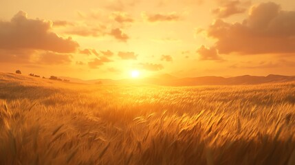 A golden sunset over a wheat field, creating a serene and picturesque landscape.
