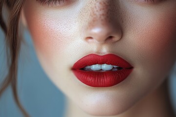 Fototapeta premium Close-up of red lips with glossy lipstick. Bold and vibrant makeup concept. Ideal for cosmetic banners with text placement.