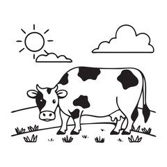 Black and white cow illustration in a field