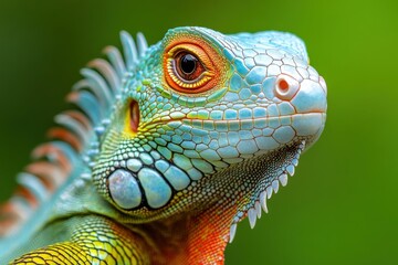 Obraz premium Close-up of an iguana on a vibrant green background. Detailed and exotic reptile profile. Perfect for nature and wildlife visuals.