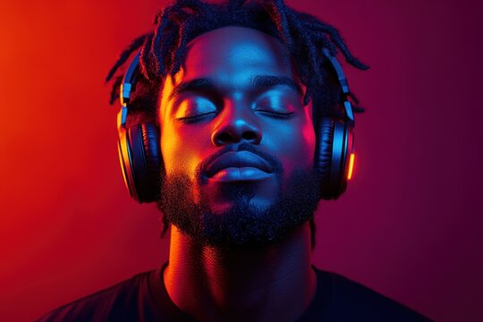 Man wearing headphones on a bold red background. Vibrant and modern music-inspired concept. Ideal banner with space for text.