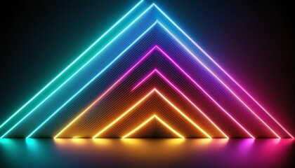 3d render abstract geometric neon background trendy wallpaper of zigzag shape glowing with multicolored gradient light black wall illuminated with modern led lamp