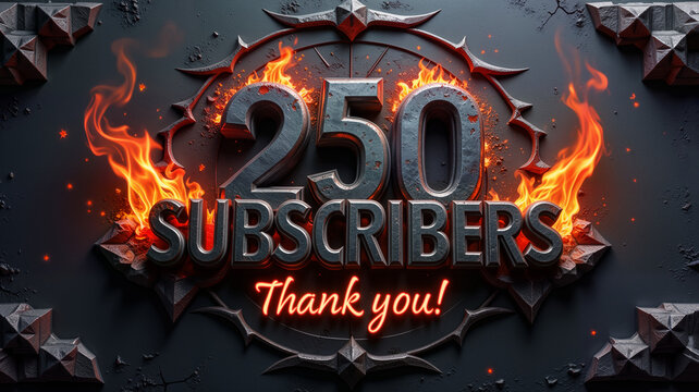 A striking graphic celebrating (two hundred and fifty) 250 subscribers with flames and a bold design. Ideal for social media, video channels, or digital marketing campaigns to engage audiences - Powered by Adobe