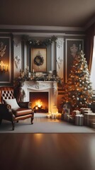 Elegant Christmas Living Room with Fireplace and Decorated Tree