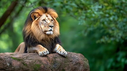 Obraz premium The image depicts a powerful lion sitting regally on a massive rock in the midst of a lush forest, exuding a sense of majesty and strength in perfect harmony with the surrounding nature.