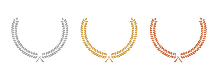 Obraz premium Gold, silver, bronze laurel wreaths. Winner medal award set vector illustration. Victory symbol, triumph emblem, champion prize isolated on transparent background.