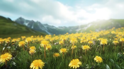 Obraz premium A vibrant field of yellow dandelions against a backdrop of mountains and blue skies.
