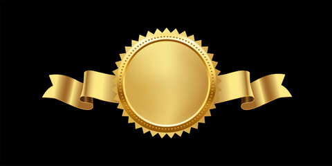 Gold medal with horizontal ribbon vector illustration. 3d realistic golden award isolated on black background. Design element for labels, certificates, badges, winners, sales, discounts, diplomas.
