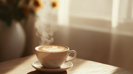Focus on a steaming cup of cappuccino with latte art on the surface, placed on a rustic table.