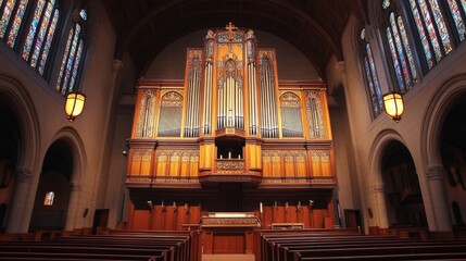 Fototapeta premium Organist playing a large church organ during