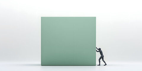 Obraz premium Small Figure Pushing a Square Rock | Symbolic Representation of Determination and Hard Work | Minimalist Conceptual Art with a Unique Twist