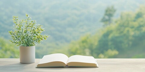 Reflective journal, minimalist style, soft muted colors, front view focus, featuring a tranquil natural setting in the backdrop.
