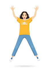 Young beautiful happy woman in casual style clothes dancing or jumping celebrating. Isolated vector illustration