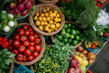 An Overhead Shot Of A Vibrant Market Stall Showcasing Colorful Fresh Produce, Including Avocado, Tomatillos, And Local Herbs, With Handmade Woven Goods In The Background