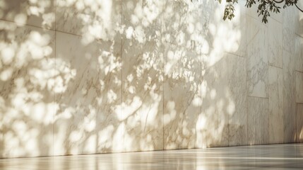 Fototapeta premium Sunlight filtering through leaves casts dappled shadows on a light beige stone wall and floor.