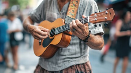 Obraz premium Street musician playing a ukulele on a busy sidewalk
