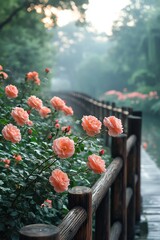Pink roses on wooden fence during rain.