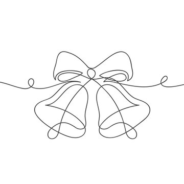 recommend clip art: Continuous one line drawing of Christmas bells icon with bow. Illustration for postcard, greeting card decoration.