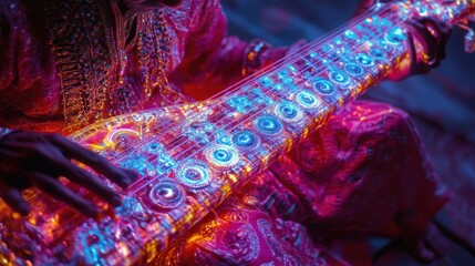 Traditional sitar with intricate hologram overlay, vibrant colors, ornate patterns, detailed close-up