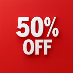 A 50 percent off discount sign on red background with white numbers. 